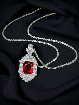 Designs & You - Silver Plated Cz Anti Tarnish Red Rectangular Shape Geometric Pendant Necklace