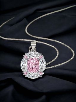 Designs & You - Silver Plated Cz Studded Anti Tarnish Pink Geometric Pendant Necklace