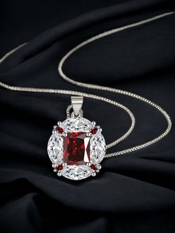 Designs & You - Silver Plated Cz Studded Anti Tarnish Red Geometric Pendant Necklace
