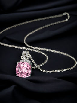 Designs & You - Silver Plated Cz Studded Anti Tarnish Pink Square Shape Contemporary Pendant Necklace