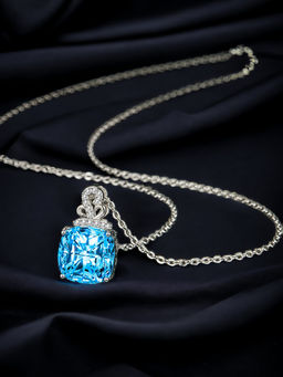 Designs & You - Silver Plated Cz Studded Anti Tarnish Blue Square Shape Contemporary Pendant Necklace