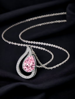 Designs & You - Silver Plated Cz Anti Tarnish Pink Teardrop Shape Contemporary Pendant Necklace