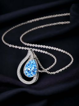 Designs & You - Silver Plated Cz Anti Tarnish Blue Teardrop Shape Contemporary Pendant Necklace
