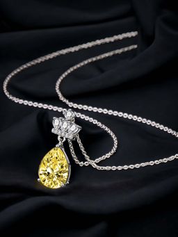 Designs & You - Silver Plated Cz Studded Anti Tarnish Yellow Teardrop Shape Crown Pendant Necklace