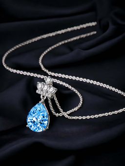 Designs & You - Silver Plated Cz Studded Anti Tarnish Blue Teardrop Shape Crown Pendant Necklace