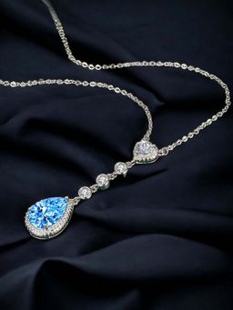 Designs & You - Silver Plated Cz Studded Anti Tarnish Blue Heart Inspired Teardrop Pendant Necklace