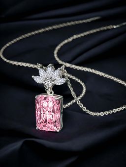 Designs & You - Silver Plated Cz Anti Tarnish Pink Rectangular Shape Geometric Pendant Necklace