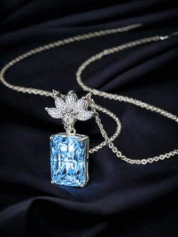 Designs & You - Silver Plated Cz Anti Tarnish Blue Rectangular Shape Geometric Pendant Necklace