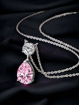 Designs & You - Silver Plated Cz Anti Tarnish Pink Teardrop Shape Contemporary Pendant Necklace