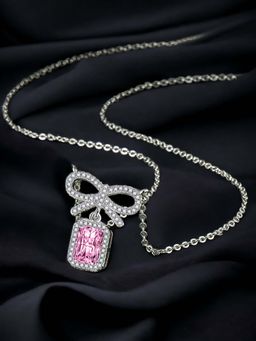 Designs & You - Silver Plated Cz Studded Anti Tarnish Pink Rectangular Shape Contemporary Necklace