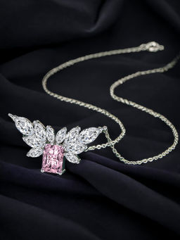 Designs & You - Silver Plated Cz Studded Anti Tarnish Pink Rectangular Shape Contemporary Necklace