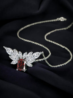 Designs & You - Silver Plated Cz Studded Anti Tarnish Red Rectangular Shape Contemporary Necklace