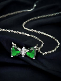 Designs & You - Silver Plated Cz Studded Anti Tarnish Green Bow Like Contemporary Necklace