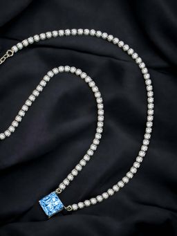 Designs & You - Silver Plated Cz Anti Tarnish Blue Square Shape Contemporary Necklace with Ad Chain