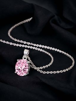 Designs & You - Silver Plated Cz Studded Anti Tarnish Pink Oval Shape Geometric Pendant Necklace