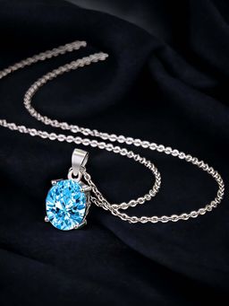 Designs & You - Silver Plated Cz Studded Anti Tarnish Blue Oval Shape Geometric Pendant Necklace