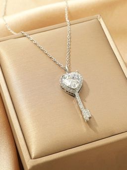 Designs & You - White Silver Plated Anti Tarnish American Diamond Studded Heart Key Pendant Necklace