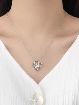 Designs & You - White Silver Plated Anti Tarnish American Diamond Heart Themed Pendant Necklace