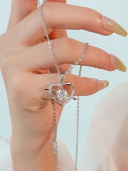 Designs & You - White Silver Plated Anti Tarnish American Diamond Heart Themed Pendant Necklace