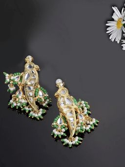 Dugran By Dugristyle - Green and Gold Dangler Earrings with Kundan & Pearls