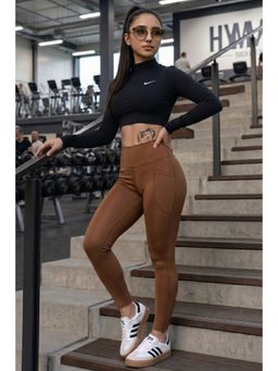 JUNEBERRY - Womens Solid Spandex Skinny Fit Stretchy Lightweight Gym Brown Tights