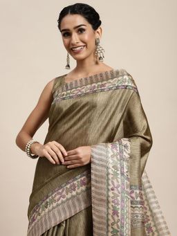 Odette - Khadi Silk Olive Printed Saree with Unstitched Blouse
