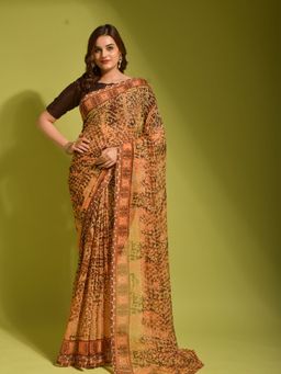Odette - Brown Georgette Designer Saree with Unstitched Blouse