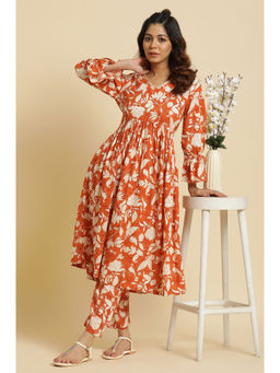 W - Orange Floral Kurta-Straight Pant (Set of 2)