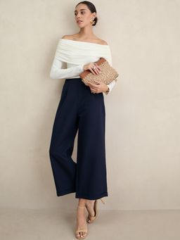 Femmella - Navy Wide Legged Bottom Fold Up Detail Trouser