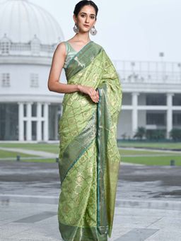 Beatitude - Green Shade Silk Woven Saree with Unstitched Blouse
