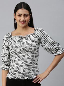 SHOWOFF - Women Square Neck Three Fourth Sleeves Geometric White Top