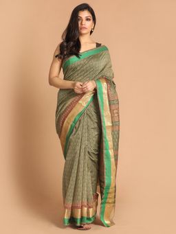 Indethnic - Green Floral Cotton Blend Saree with Unstitched Blouse