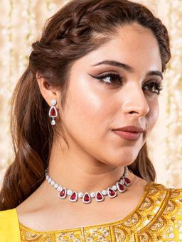 Johori - Delight Silver Plated Ruby Stone Necklace with Studs