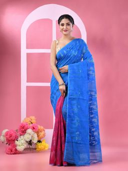 DESH BIDESH - Women Blue Cotton Floral Saree without Blouse