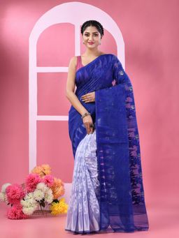 DESH BIDESH - Women Navy Blue Cotton Floral Saree without Blouse
