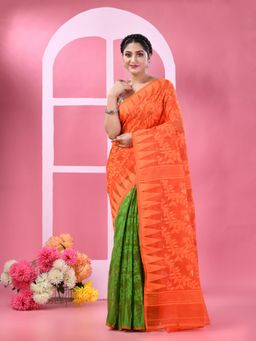 DESH BIDESH - Women Orange Cotton Floral Saree without Blouse