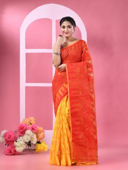 DESH BIDESH - Women Orange Cotton Floral Saree without Blouse