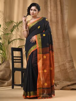 DESH BIDESH - Women Black Pure Cotton Woven Saree with Unstitched Blouse