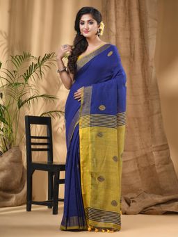 DESH BIDESH - Women Navy Blue Pure Cotton Woven Saree with Unstitched Blouse