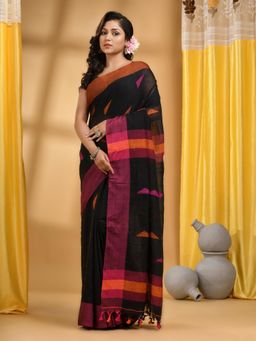 DESH BIDESH - Women Black Pure Cotton Woven Saree with Unstitched Blouse