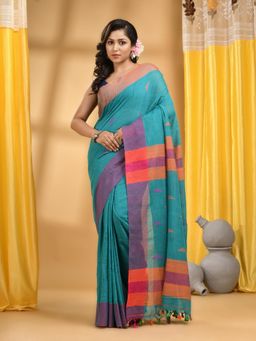 DESH BIDESH - Women Teal Pure Cotton Woven Saree with Unstitched Blouse