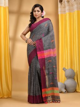 DESH BIDESH - Women Grey Pure Cotton Woven Saree with Unstitched Blouse