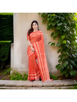 DESH BIDESH - Women Orange Pure Cotton Stripes Saree without Blouse