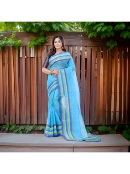 DESH BIDESH - Women Blue Pure Cotton Stripes Saree without Blouse