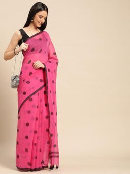 DESH BIDESH - Women Pink Pure Cotton Polka Dots Saree without Blouse