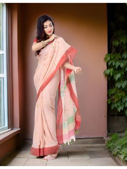 DESH BIDESH - Women Peach Pure Cotton Woven Saree with Unstitched Blouse