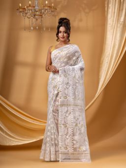 DESH BIDESH - Women Off White Pure Cotton Floral Saree without Blouse