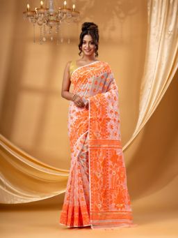 DESH BIDESH - Women Orange Pure Cotton Floral Saree without Blouse