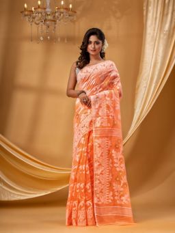 DESH BIDESH - Women Orange Cotton Floral Saree without Blouse