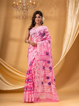 DESH BIDESH - Women Pink Cotton Floral Saree without Blouse